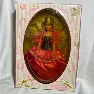 Totsy Flair Ribbons and Lace Doll in Pink Dress 1980’s vintage 11.5”